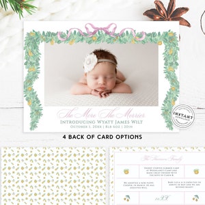 Anuncio de nacimiento de niña Tarjeta de Navidad / Tarjetas navideñas Guirnalda de frutas con lazo rosa / Navidad imprimible Preppy Southern Traditional Holiday Baby