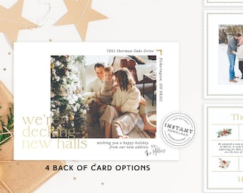 May include: A Christmas card template with four different back of card options. The card features a photo of a family in front of a Christmas tree, a gold and white color scheme, and the text "We're decking new halls".