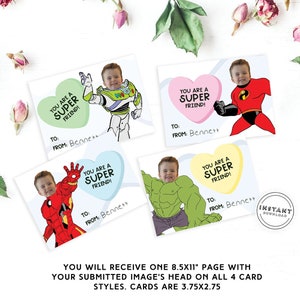 AANGEPASTE superheldenvalentijnskaarten voor klasgenoten | Held Valentijnskaarten om uit te delen | Your Face Valentijnsdagkaart voor kinderen: 4 superheldensets