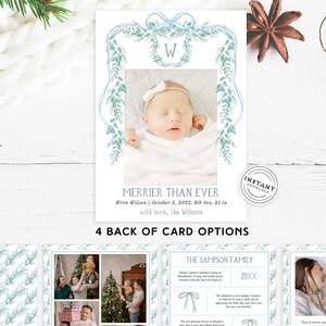 Nowy szablon kartki świątecznej Baby Blue Ribbon | Karta świąteczna z ogłoszeniem o narodzinach rodziny Preppy | Klasyczna kartka świąteczna Southern Initial
