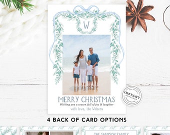 Blue Ribbon Holiday Card Template | Preppy Family Christmas Card | Classic Christmas Card Southern Theme | Hanukkah Card | Monogram Initial