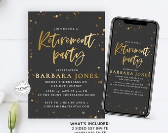 Confetti Retirement Party Invitation and Evite | Black and Gold Confetti Retirement Party Flyer | Black Gold Retirement Party Phone Invite