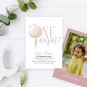 Pink Balloon ONEderful First Birthday Invitation Template | Print at first birthday DIY | First Bday Invitation | ONEderful theme neutral