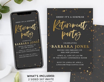 Surprise Retirement Party Invitation and Evite | Black and Gold Confetti Retirement Party Flyer | Black Gold Retirement Party Phone Invite