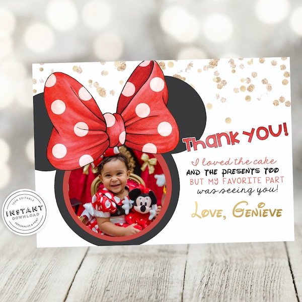 Oh Twodles Red Bow Birthday Thank You | Kids Birthday Thank You Card Template | Kids Mouse Birthday Invitation | Electronic Invite Red Bow