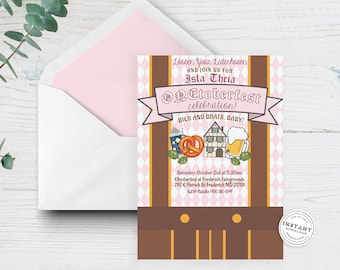 May include: Pink and brown invitation with a white envelope. The invitation has a festive Oktoberfest theme with a pretzel, beer stein, and a Bavarian house. The text reads "Loosen Your Lederhosen and Join Us For Isla Theia Oktoberfest Celebration! Bier and Brats, Baby!"  Saturday, October 2nd at 11:30am Oktoberfest at Frederick Fairgrounds 797 E Patrick St Frederick MD 21701.