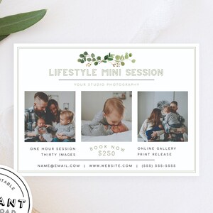 Fotografen Werbung mit Eukalyptus und Grün | Lifestyle Mini-Session für Familien | Personalisierbare Karte für Mini Sessions