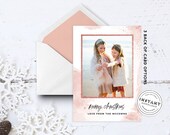 Pink Watercolor Christmas Card with family photos and year recap | Printable Holiday Card Template | Editable Christmas Cards DIY Boho Xmas