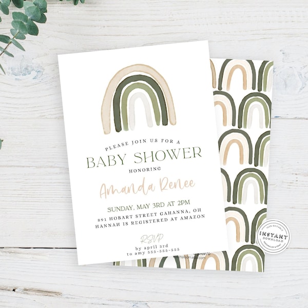 Green Beige Rainbow Baby Shower Invitation | Boho Baby Shower Invitation Printable | Tan Green Neutral Baby Shower Decor Watercolor Rainbow