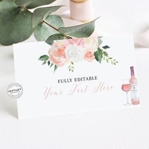 Blush Wine Food Tent Place Card | Fully Editable Tent Card 4.5x5 Foldable | Wine Bridal Shower Printable Decor | Bridal Shower Table Details