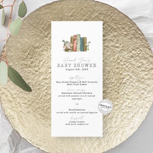 Szablon menu na baby shower w stylu vintage | Papier na baby shower DIY | Vintage Nursery Rhymes Baby Shower | Karta menu na baby shower dla czytelnika