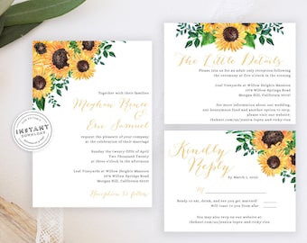 May include: A sunflower-themed wedding invitation suite with a white background and gold text. The invitation includes the couple's names, wedding date, and location. The RSVP card includes a sunflower design and a request to RSVP by March 1, 2025.
