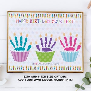 Manualidad de huella de mano de cupcake de feliz cumpleaños editable / Tarjeta de cumpleaños de recuerdo para tía, tío, papá y mamá / Regalo de cumpleaños de un niño pequeño / Cumpleaños único
