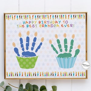 Manualidad con huella de mano de cupcake de feliz cumpleaños para abuelo / Tarjeta de cumpleaños de recuerdo para abuelo / Regalo de cumpleaños de niño pequeño / Tarjeta de cumpleaños única para abuelo