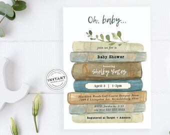 May include: A baby shower invitation featuring a watercolour illustration of a stack of books. The invitation is for Shelby Yates and is scheduled for 3rd April from 1-3pm at the Blacklick Woods Golf Course Banquet Room in Reynoldsburg, Ohio. RSVP to Jordin by 13th March via text at 555-555-5555. The invitation also states that the couple is registered at Target and Amazon.