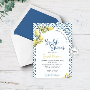 Lemon and Blue Bridal Shower Invitation | Blue Tiles Leon Bridal Shower Invite | Printable Bridal Shower Invite Italian Amalfi Bridal Shower