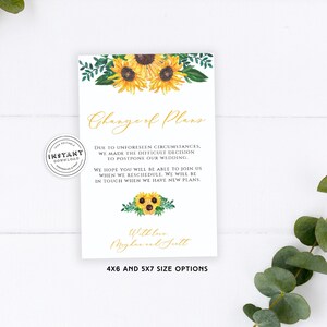 Cambio de planes Tarjeta Girasol / Boda pospuesta / Boda reprogramada / Cambio rústico de fecha / Evento cancelado Pospuesto reprogramado