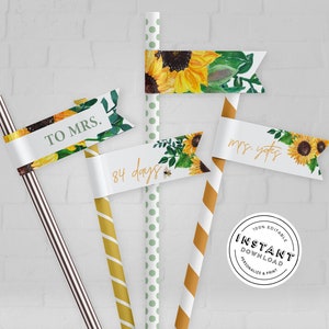 Könnte beinhalten: Vier Strohhalm-Flaggen mit Sonnenblumen- und Grünpflanzen-Designs. Die Flaggen zeigen "To Mrs.", "84 Tage", "Mrs. Yates" und "100% editierbarer Sofort-Download Personalisieren & Drucken".