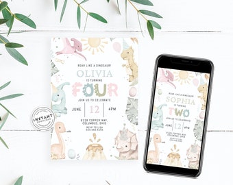 Girl Dinosaur Birthday Theme | Pastel Neutral Dino Theme for Girls | ANY AGE Birthday Invite | Chomp Stomp Roar Three Rex | Dino Evite Phone