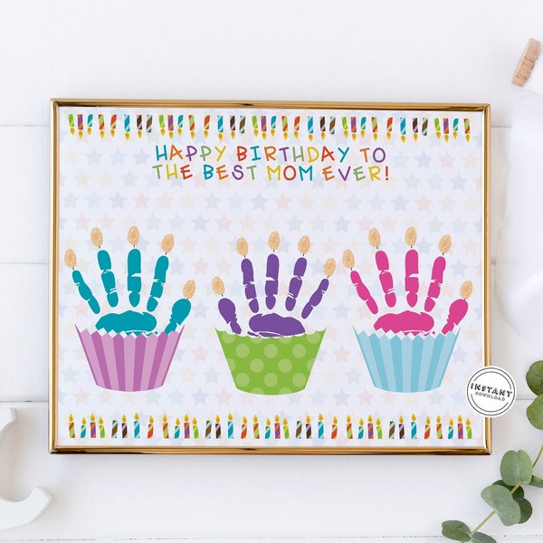 3 hands Mom Happy Birthday Cupcake Handprint Craft | Birthday Card Keepsake for Mom | Birthday Gift Toddlers | Unique Bday Card for Parent