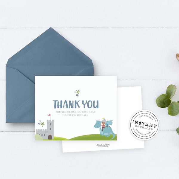 Dragon Baby Shower Thank You Card Template | Print at Home Baby Shower DIY | Blue Green Magic Themed Baby Shower | Knights and Dragons Baby