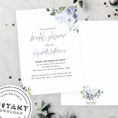 Dusty Blue Bridal Shower Invitation Download Floral Bridal | Etsy