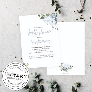 Dusty Blue Bridal Shower Invitation | Download Floral Bridal Shower | DIY Dusty Blue Invitation | Slate blue Invite | Print Invite Template