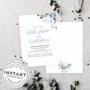 Dusty Blue Bridal Shower Invitation | Download Floral Bridal Shower | DIY Dusty Blue Invitation | Slate blue Invite | Print Invite Template