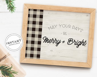 Merry and Bright Buffalo Plaid Christmas Wall Art Print | Black and White Christmas Wall Printable | DIY Rustic Farmhouse Christmas