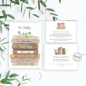May include: A pink and brown baby shower invitation with a stack of books and the text "Oh, baby... join us for a Baby Shower honoring Shelby Yates April 3 | 1-3pm Blacklick Woods Golf Course Banquet Room 7309 E Livingston Ave. Reynoldsburg, Ohio RSVP Jardin by 3/13  rin text 555-555-5555 Registered at Target + Amazon"
