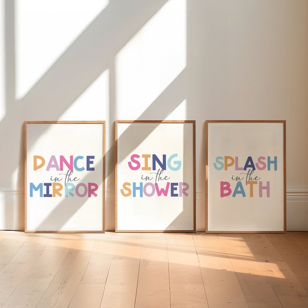 Set of 3 Bathroom Decor Vibrant Bright Color Bathroom Prints Dance In The Mirror Sing in the Shower Splash In The Bath 8x10 Prints Bathroom