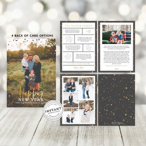 May include: A digital printable New Year's card template with a gold confetti background. The card features a family photo and the text "Happy New Year" in gold script. The card is customizable and includes a variety of back of card options.