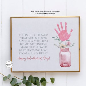 Vaso di San Valentino con impronta della mano / Buon San Valentino / Impronta della mano del fiore di San Valentino per bambini / Primo ricordo di San Valentino per i più piccoli