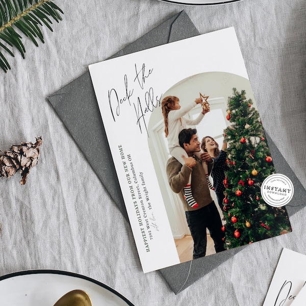 Script Deck The Halls Holidays Family Card | Printable Christmas Card DIY | Decking New Halls Moving Announcement Holiday Card Cheap Minimal