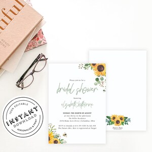 May include: A sunflower-themed bridal shower invitation with a white background and green and yellow floral accents. The text reads "Please join us for a bridal shower honoring Elizabeth Katherine. Sunday, the eighth of August at two thirty in the afternoon. The Miller Residence, 2576 Home Acre Drive | Columbus, Ohio. RSVP to Amanda at 614-291-8201 by July 8th. The future Mrs. Reis is registered at Target."