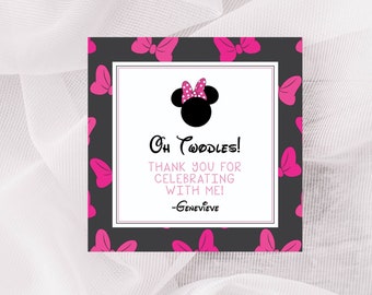 Oh Twodles rosa Schleife quadratischer Geschenkanhänger | Kindergeburtstag Geschenkanhänger Oh Toodles | Pink Bow Square Tag Oh Twodles Vorlage Download 2.5x2.5
