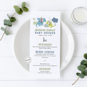Dragon Baby Menu 8x4 | Editable Baby Shower Menu | Dragon Baby Shower Decor | DIY baby shower knight menu card Shower Thank You or Menu Card
