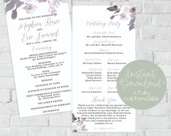 Lilac Wedding Program | Lavender Light Purple Wedding Program | DIY Wedding Program Printable Template | Editable Purple Wedding Program