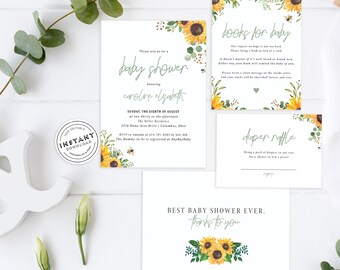 May include: A set of three printable baby shower cards with a sunflower theme. The cards include a baby shower invitation, a "books for baby" card, and a "diaper raffle" card. The cards feature a watercolour illustration of sunflowers, greenery, and a bee.