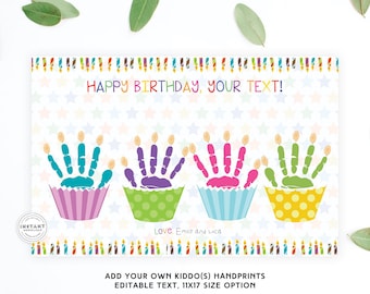 EDITABLE Happy Birthday 4 Cupcake Handprint Craft | Birthday Card Keepsake for Aunt Uncle Dad Mom | Birthday Gift from Toddler | Unique Bday