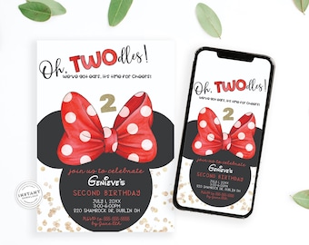 Oh Twodles Red Bow 2nd Birthday Invitation | Kids Phone Birthday Invitation Template | Kids Phone Birthday Invitation | Electronic Invite