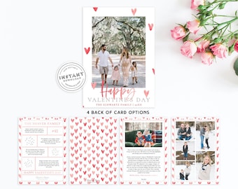 Könnte beinhalten: Valentinstagskarte mit Familienfoto und roten Herzakzenten. Die Karte trägt die Aufschrift "Happy Valentine's Day" und enthält den Text "Instant Download". Vier Kartenrückseiten-Optionen werden mit Familienfotos und Text angezeigt.