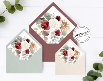Burgundy Greenery Envelope Liner Printable Template | Euro Envelope Liner Download | Cream Burgundy Wedding | Floral Wedding Envelope Liner