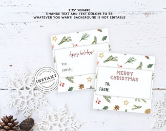 Etiqueta de regalo de patrón de Navidad / Etiquetas de regalo DIY Boho Holiday Square / Etiqueta imprimible de vacaciones lindas / Etiqueta de favor festivo editable para fiesta de Navidad