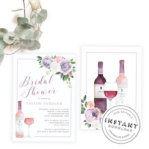Wine Bridal Shower Invitation | Download Mauve Bridal Shower | DIY Winery Invitation | Floral Vino Invite | Print Invitation Template