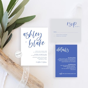 Faire-part de mariage manuscrits modernes bleu royal | de faire-part de mariage bleu royal gris | Calligraphie d'invitations de mariage imprimable