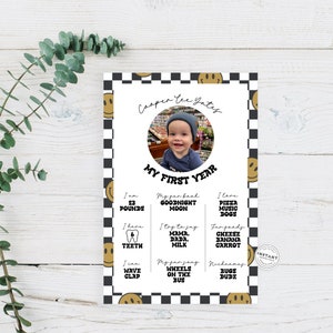 May include: A black and white chequered background with a smiling face pattern. A white card with a photo of a baby boy in a blue hat and a black and white chequered border. The card has the text "Cooper Lee Yates" and "My First Year". The card has a grid of information about the baby, including their weight, number of teeth, favourite foods, and things they can do.