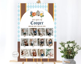 May include: A blue and brown poster with a white diamond pattern. The poster features a photo collage of a baby boy's first year, with photos from each month. The poster also includes the baby's name, Cooper, and his birth date and measurements: June 3rd, 2022 | 7lb 15 oz | 19 in.