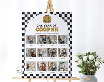 One Happy Dude Milestone Birthday Sign | Printable Baby&#39;s First Year Poster Template | Baby 1st Birthday Photo Board | Monthly Photos Smiley