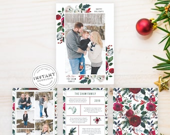 Photo Christmas Card Editable Template | Watercolor Holiday Card | Family Christmas Card Year in Review | Printable Christmas Card DIY